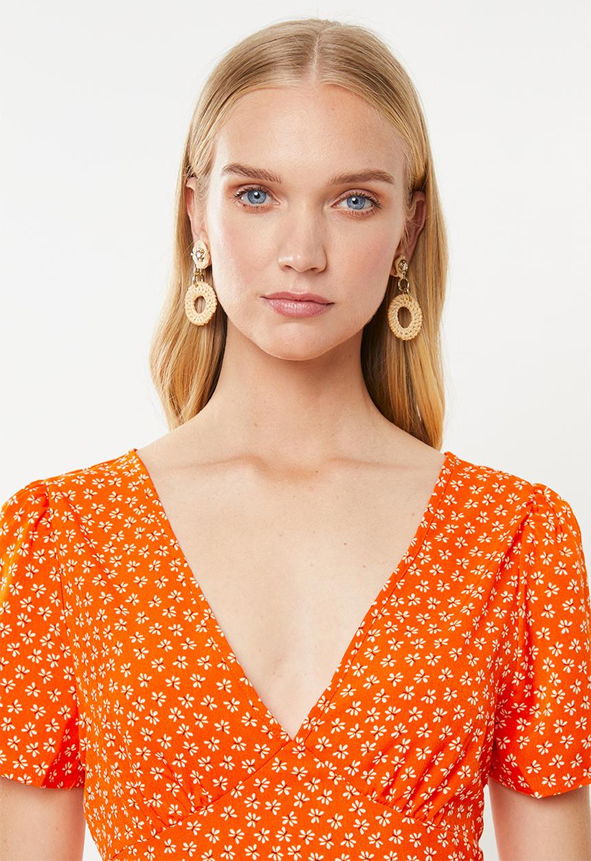 Cotton On - Woven dotti deep v puff sleeve mini - orange