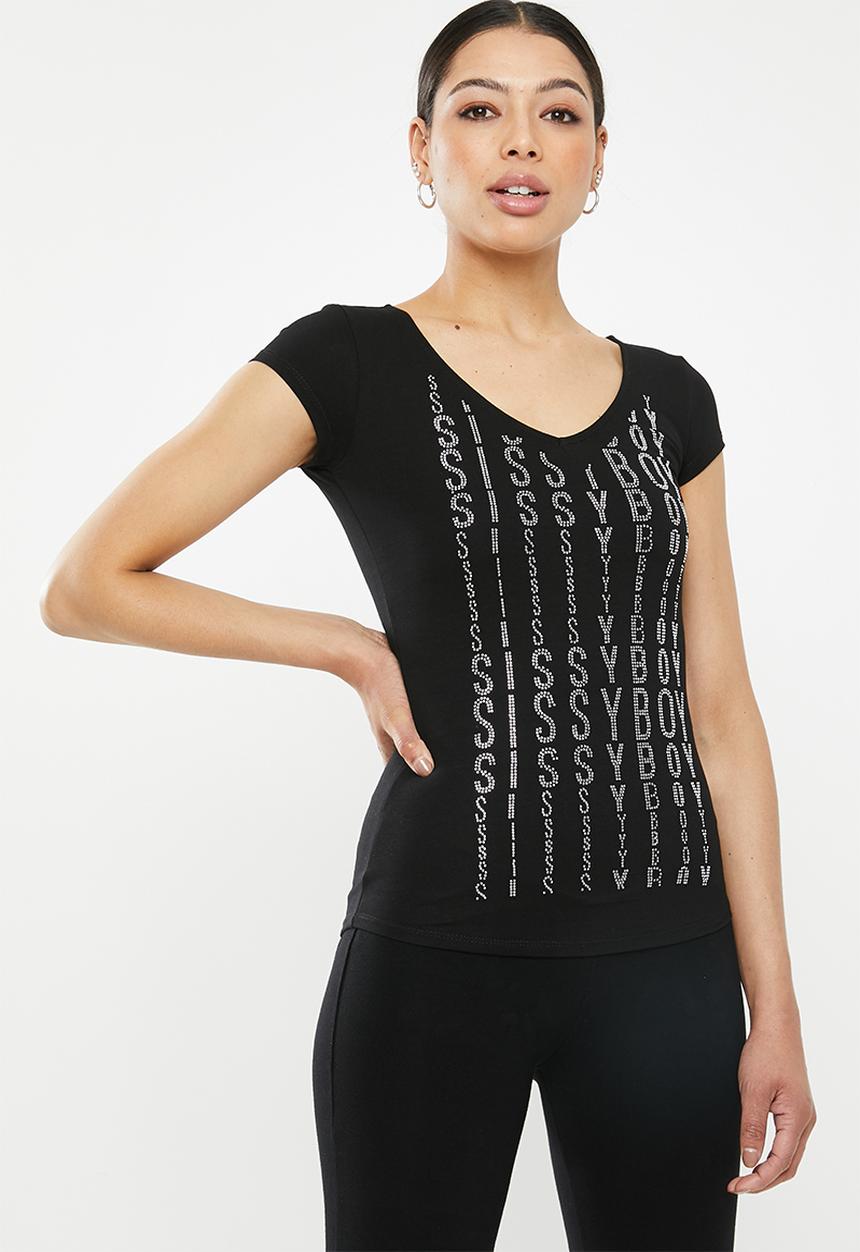 SISSY BOY - Melia: v-neck logo tee with bling trim - black