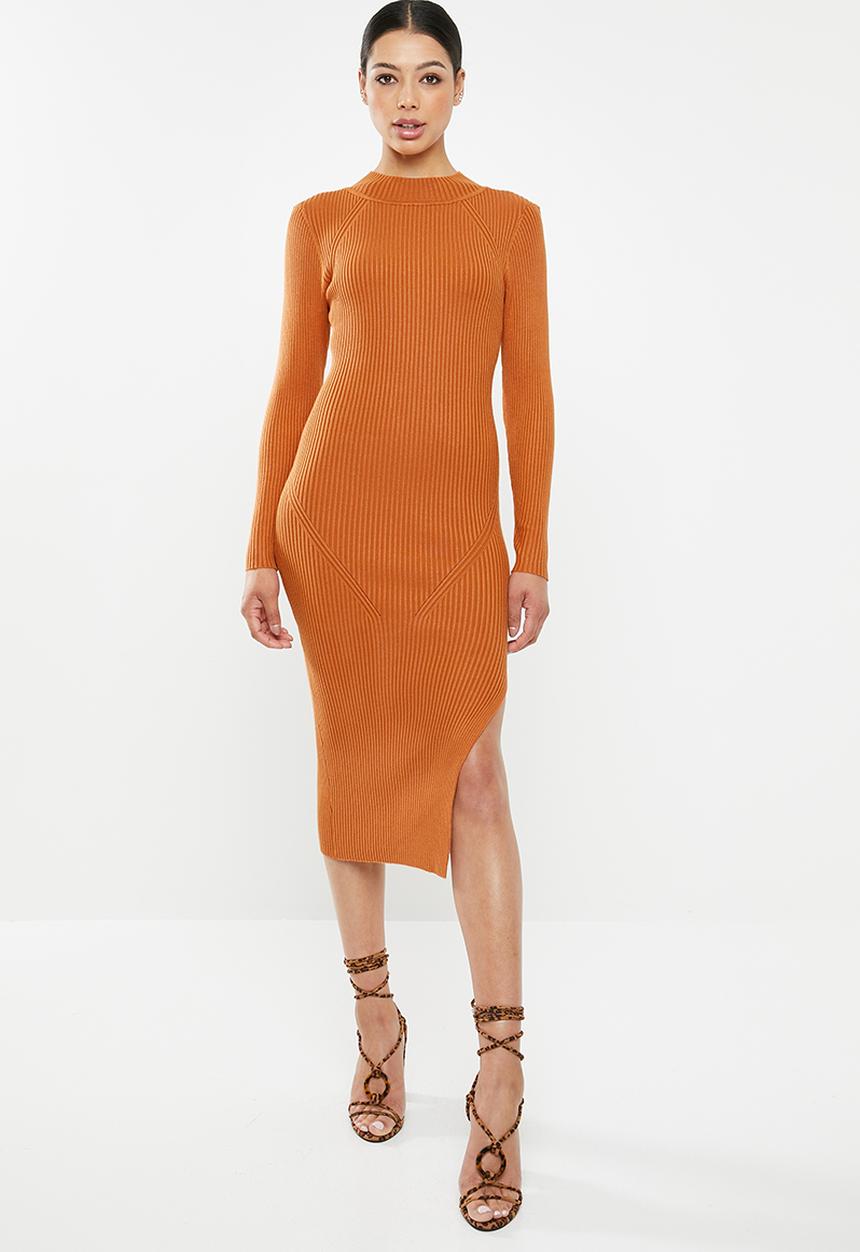Missguided - Ribbed funnel neck side split midi dress - orange