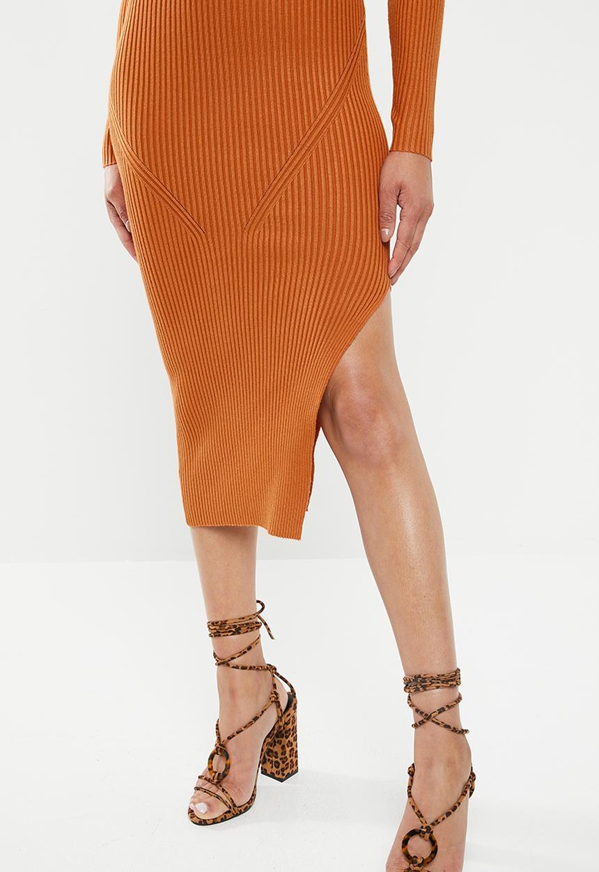 Missguided - Ribbed funnel neck side split midi dress - orange