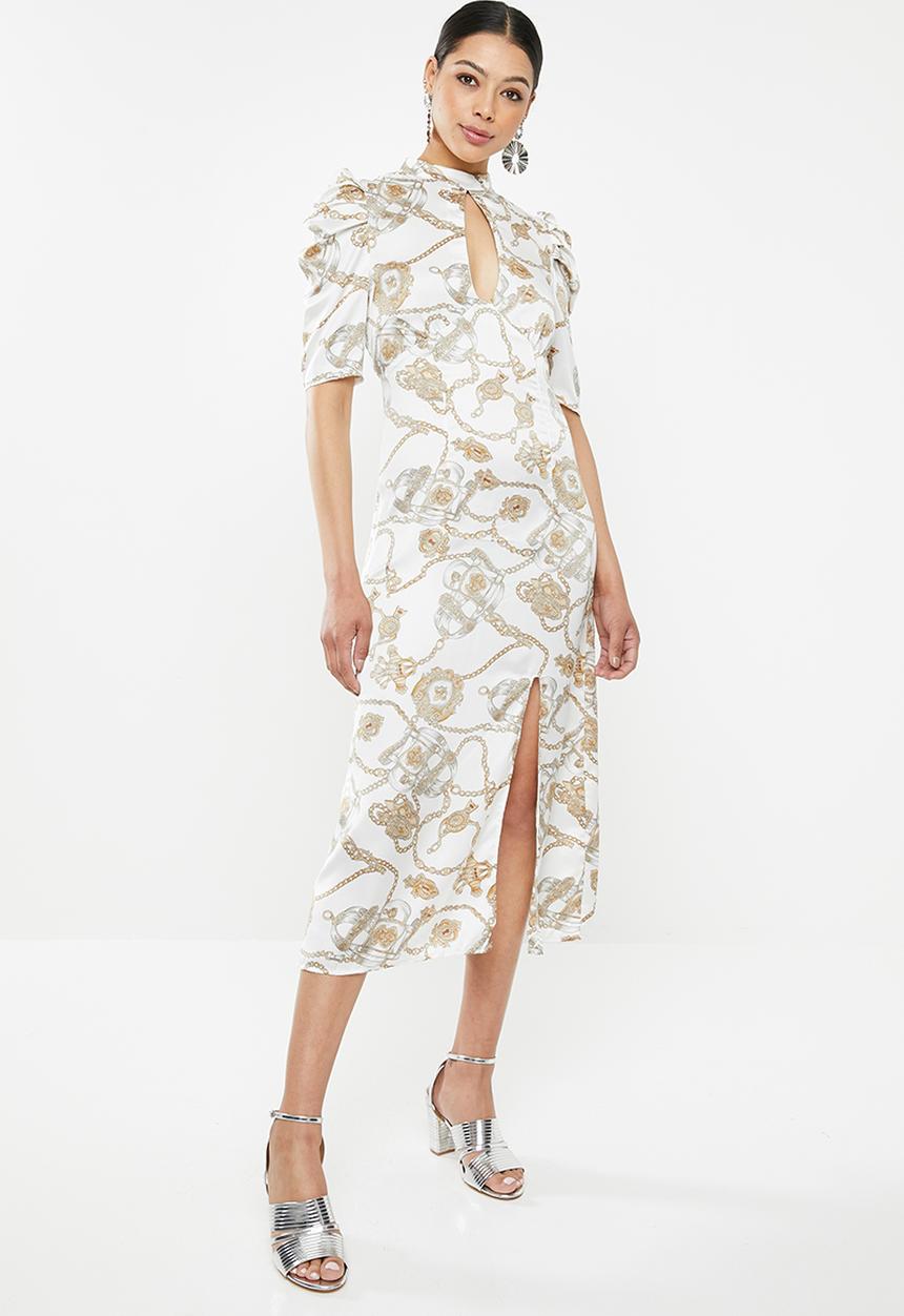 Missguided - High neck chain print aline midi - white & gold
