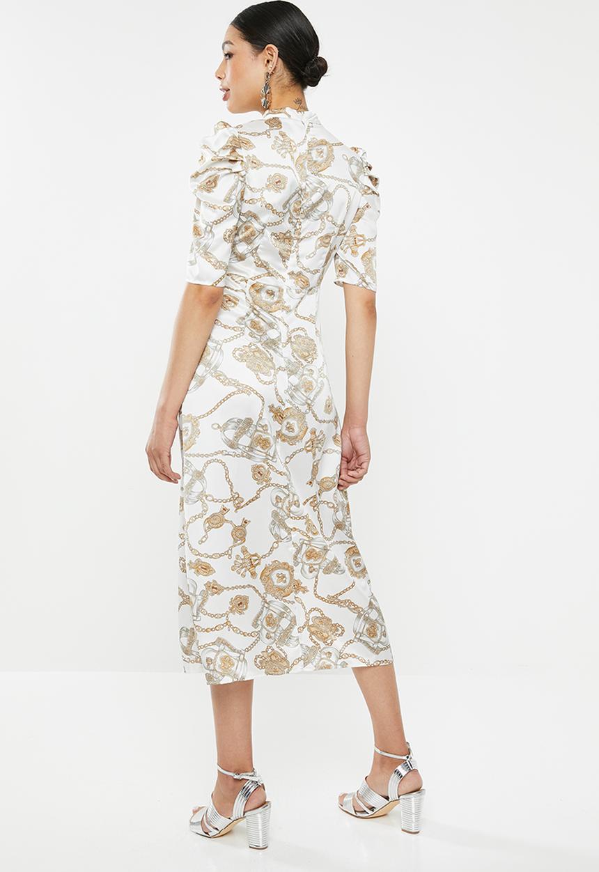 Missguided - High neck chain print aline midi - white & gold