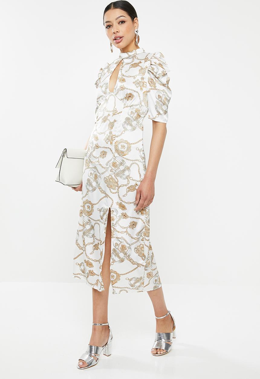 Missguided - High neck chain print aline midi - white & gold