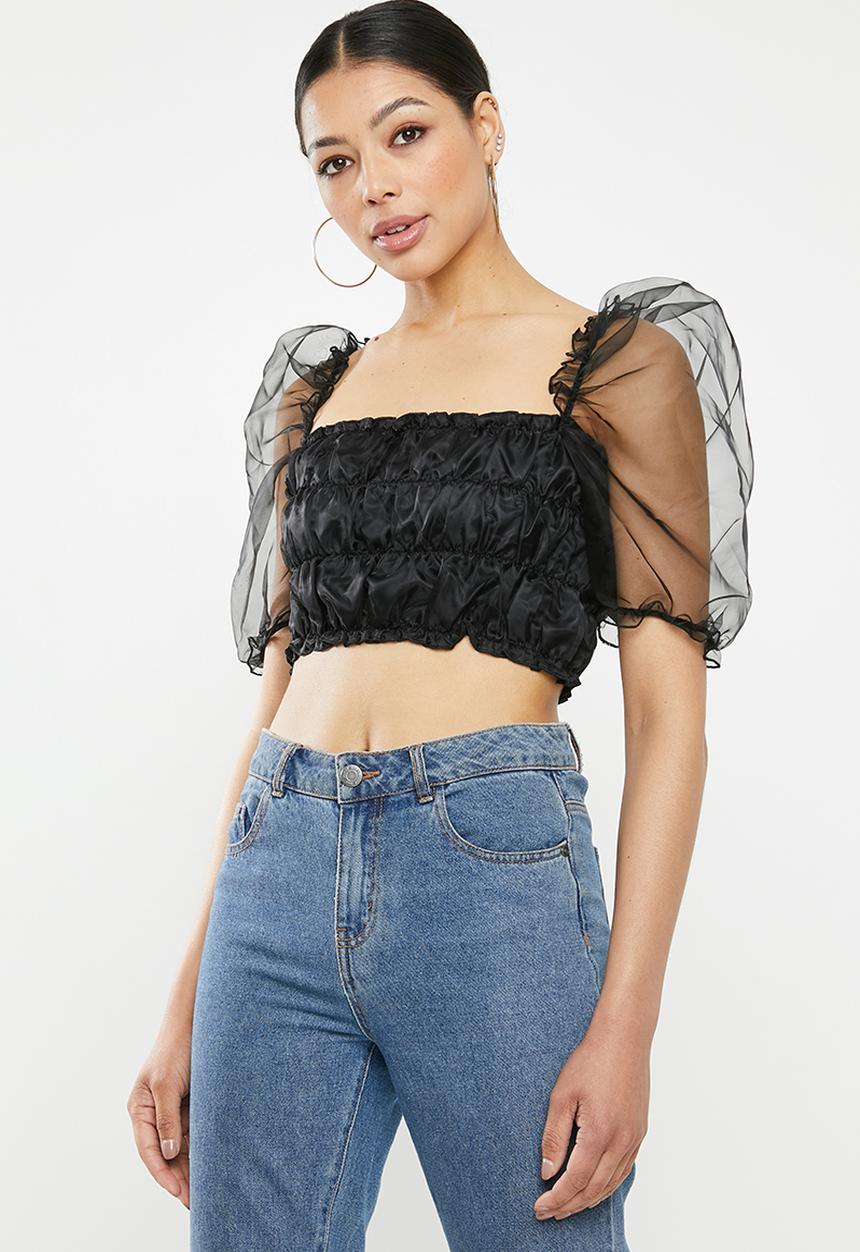 Missguided - Organza puff sleeve crop - black