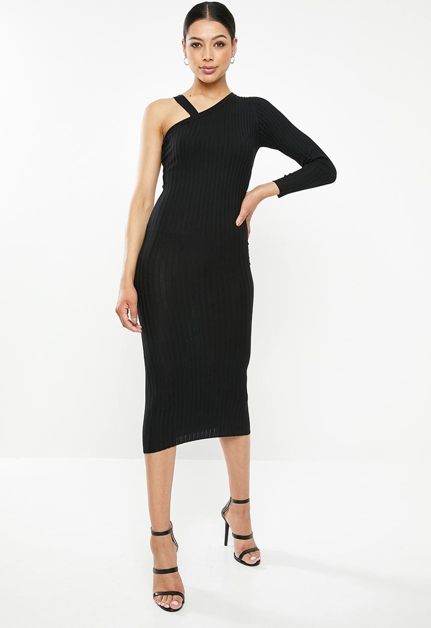 Missguided - One shoulder asymmetric midi dress - black