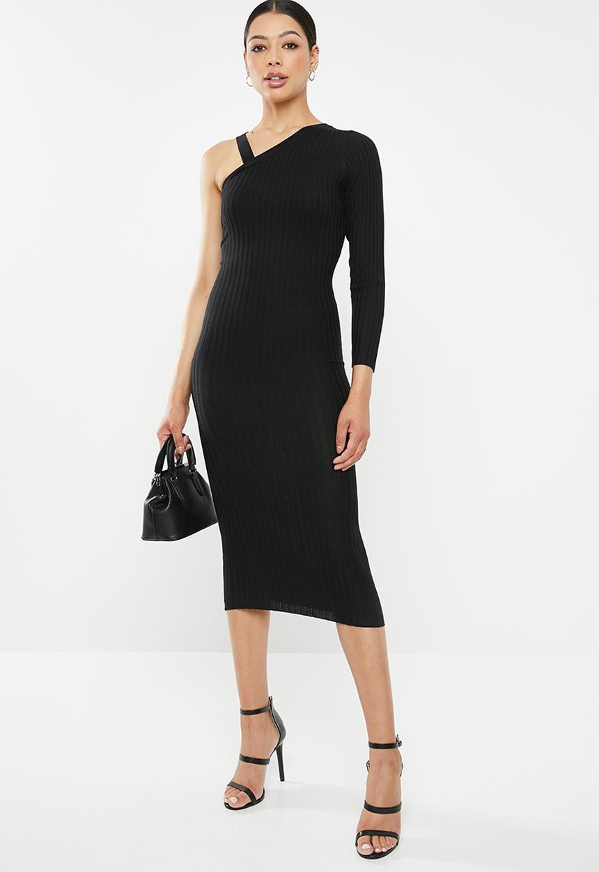 Missguided - One shoulder asymmetric midi dress - black