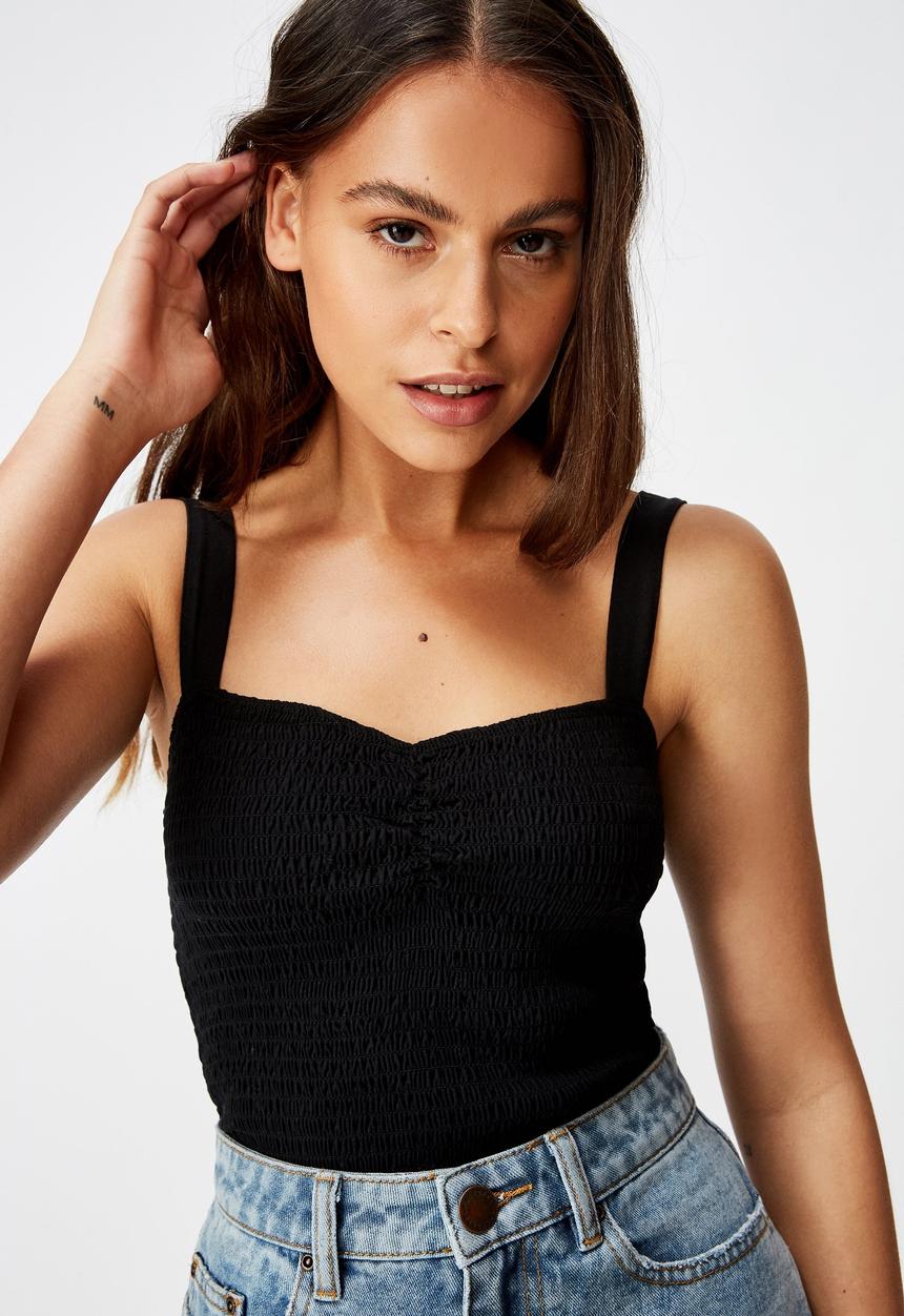 Factorie - Sweetheart neck shirring singlet - black