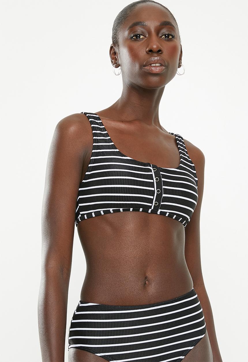 Cotton On - Henley scoop crop bikini top  - black & white