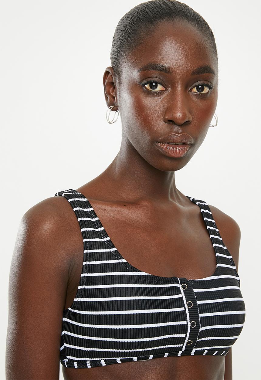 Cotton On - Henley scoop crop bikini top  - black & white