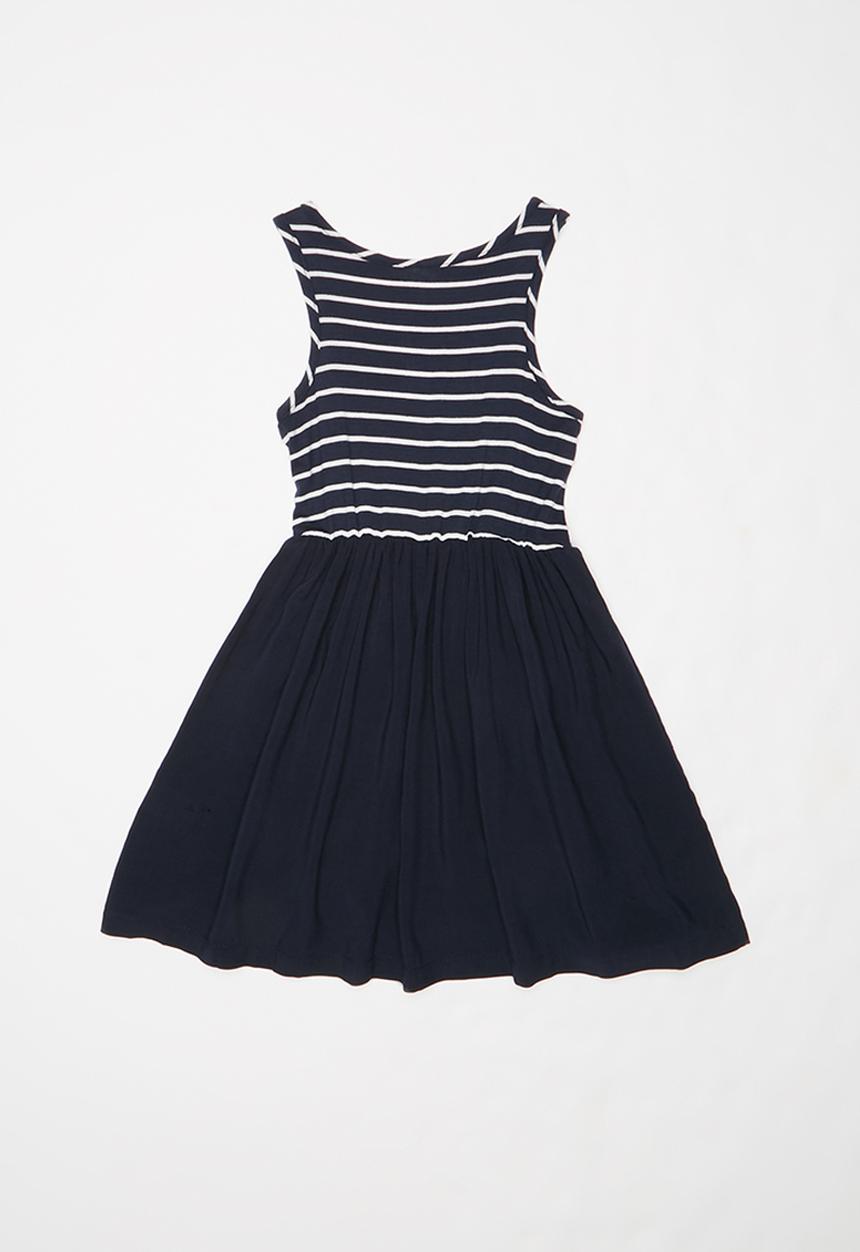 Pop Candy - Girls combo fabric dress with pockets - navy & white