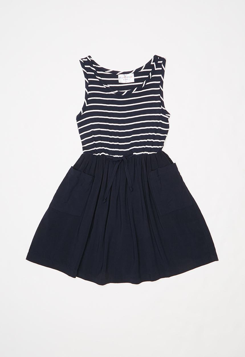 Pop Candy - Girls combo fabric dress with pockets - navy & white