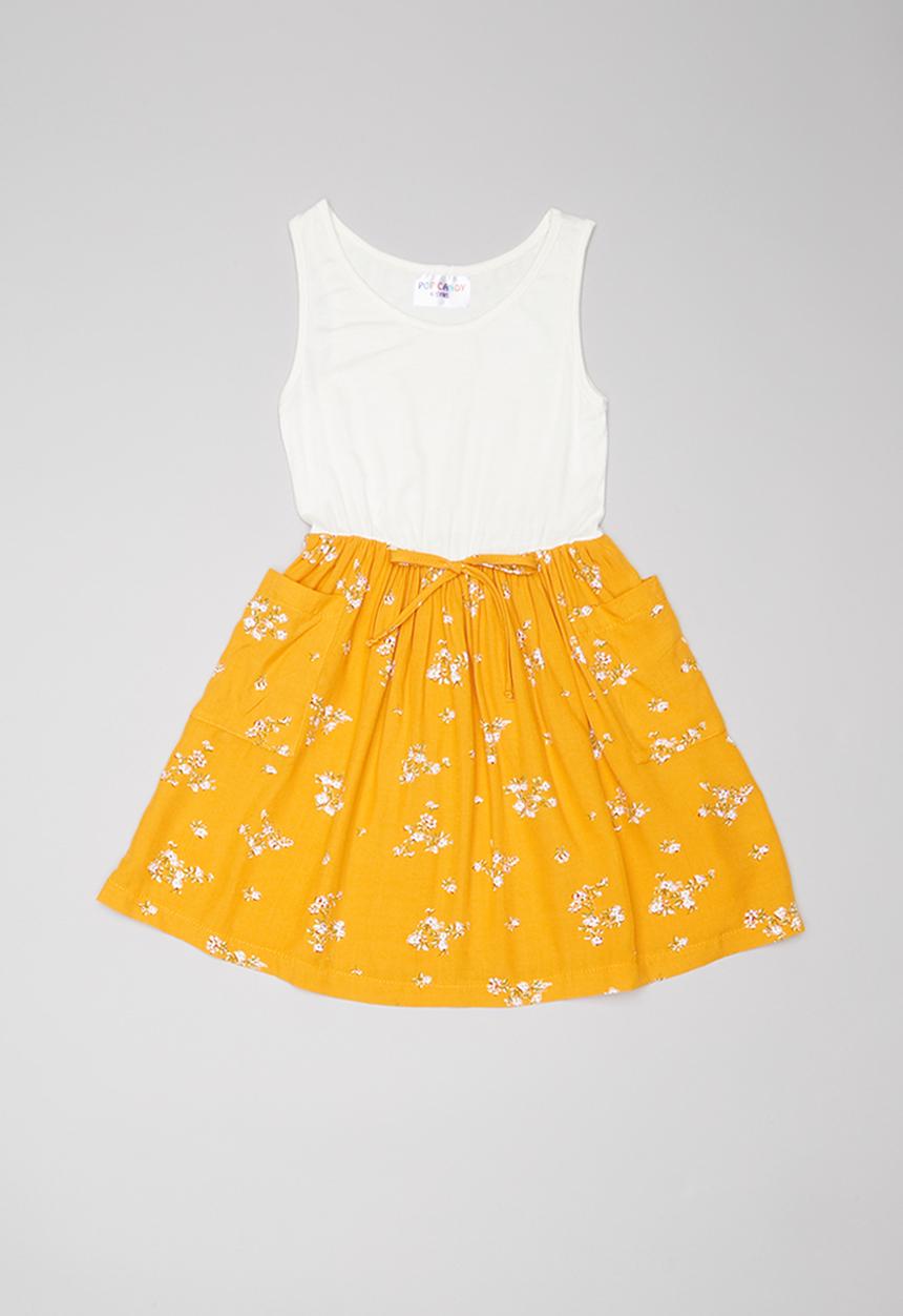 Pop Candy - Combo fabric dress with pockets - cream & yellow 
