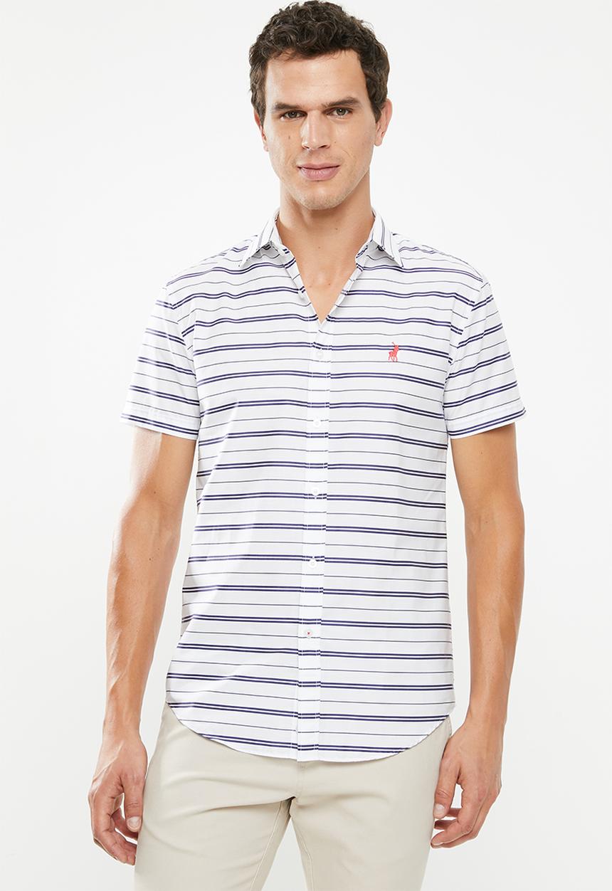 POLO - Richard horizontal stripe signature short sleeve shirt - white & navy 