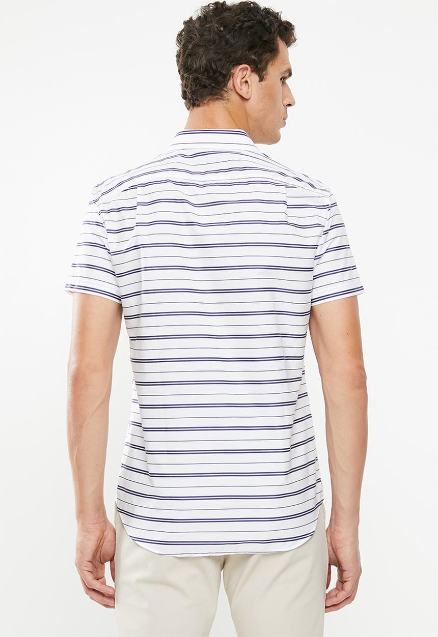 POLO - Richard horizontal stripe signature short sleeve shirt - white & navy 