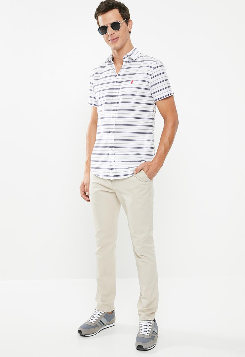 POLO - Richard horizontal stripe signature short sleeve shirt - white & navy 