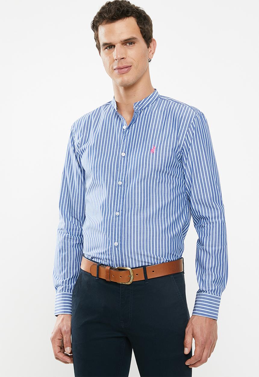 POLO - Xander mandarin chambray stripe signature ls shirt - navy & blue