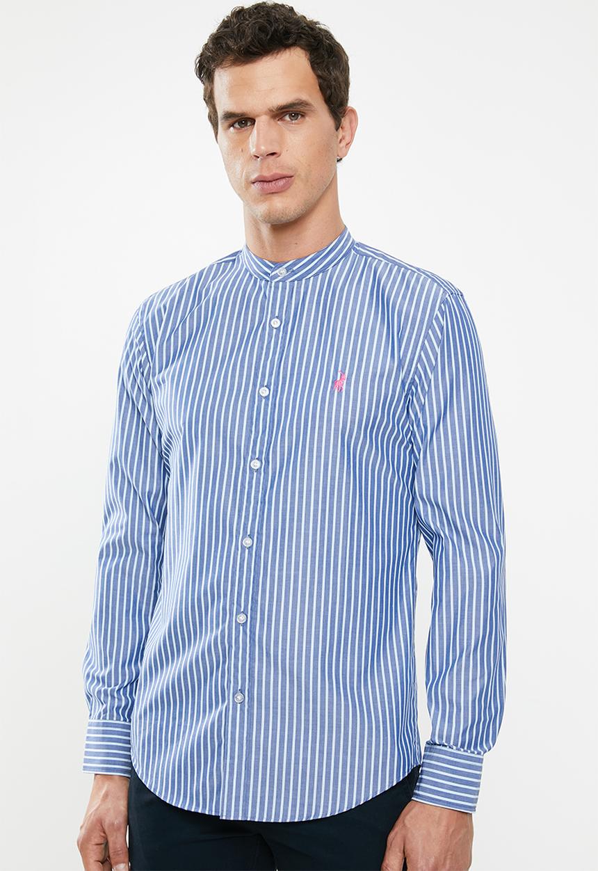 POLO - Xander mandarin chambray stripe signature ls shirt - navy & blue