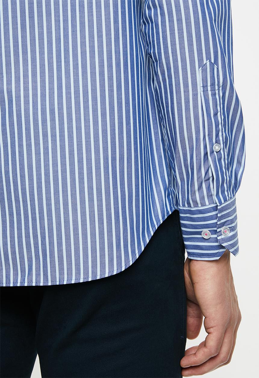 POLO - Xander mandarin chambray stripe signature ls shirt - navy & blue