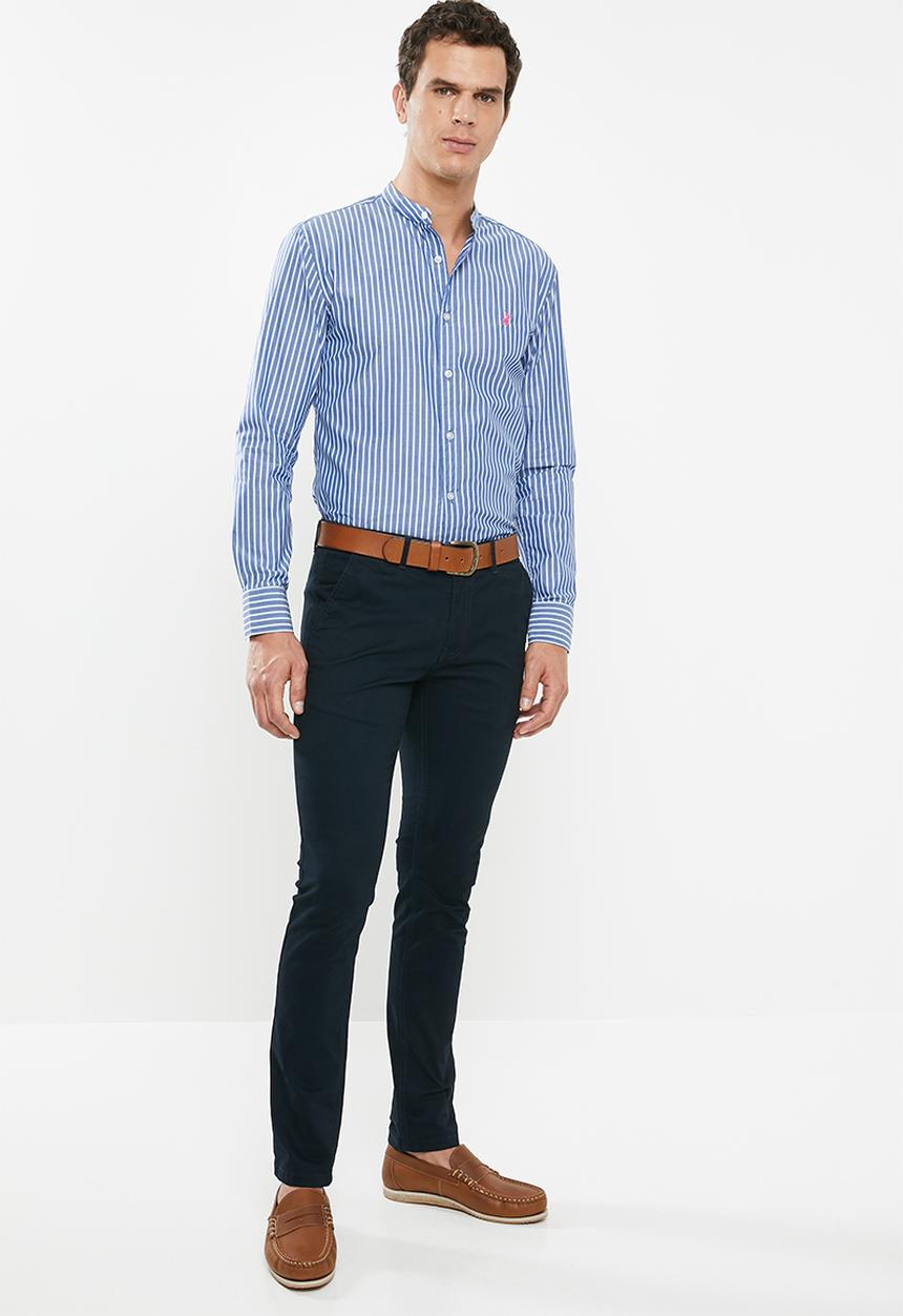 POLO - Xander mandarin chambray stripe signature ls shirt - navy & blue