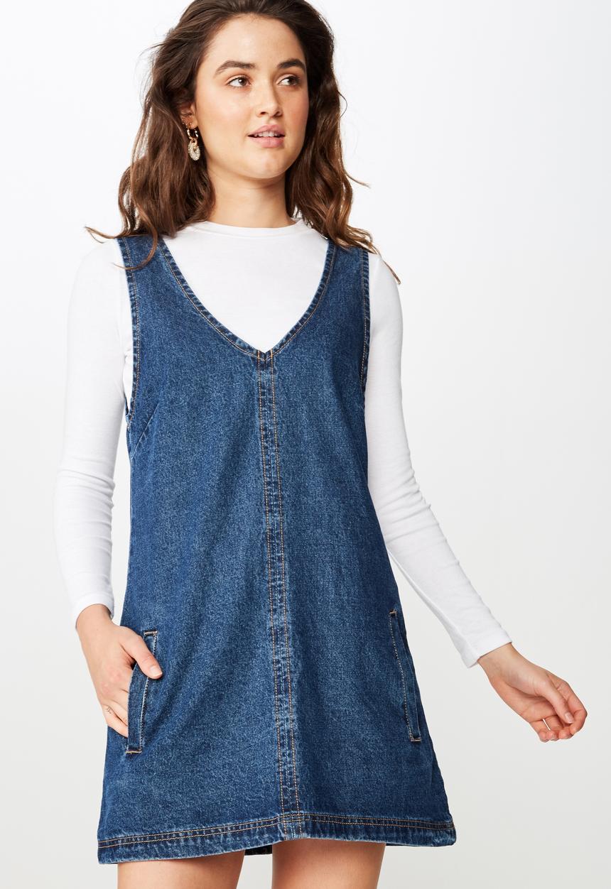 Cotton On - Front pocket denim pinafore  - blue