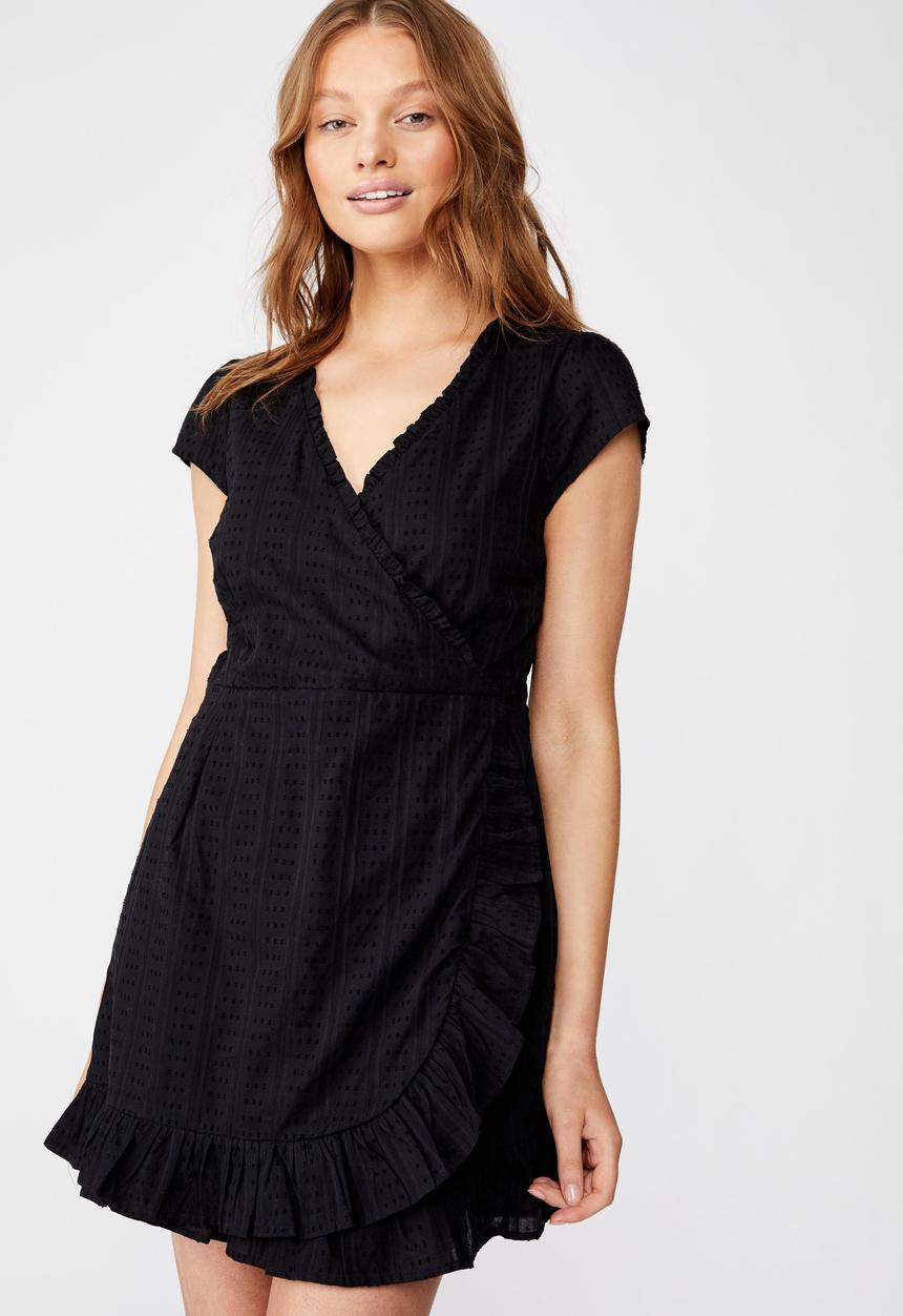 Cotton On - Woven amber short sleeve wrap mini dress  - black