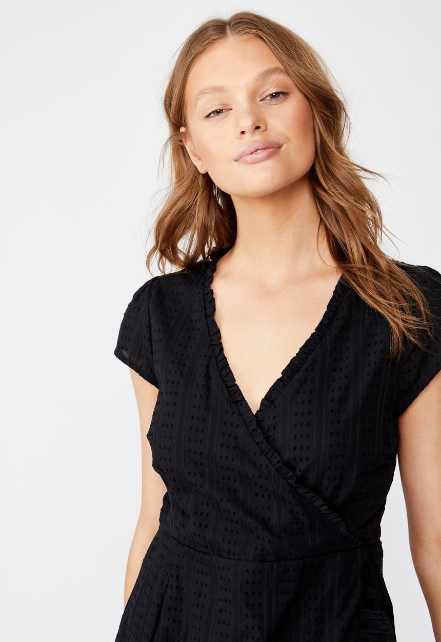 Cotton On - Woven amber short sleeve wrap mini dress  - black