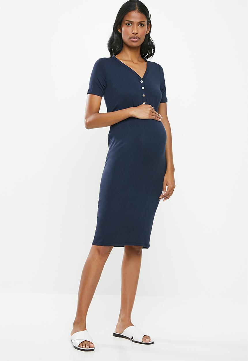 Cherry Melon - Maternity Button front jersey dress with tie - navy