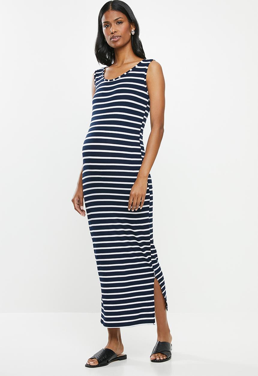 Cherry Melon - Maternity Maxi tank dress with side slit - navy & white