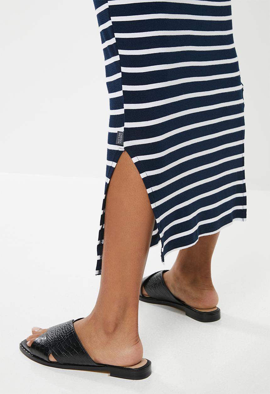 Cherry Melon - Maternity Maxi tank dress with side slit - navy & white