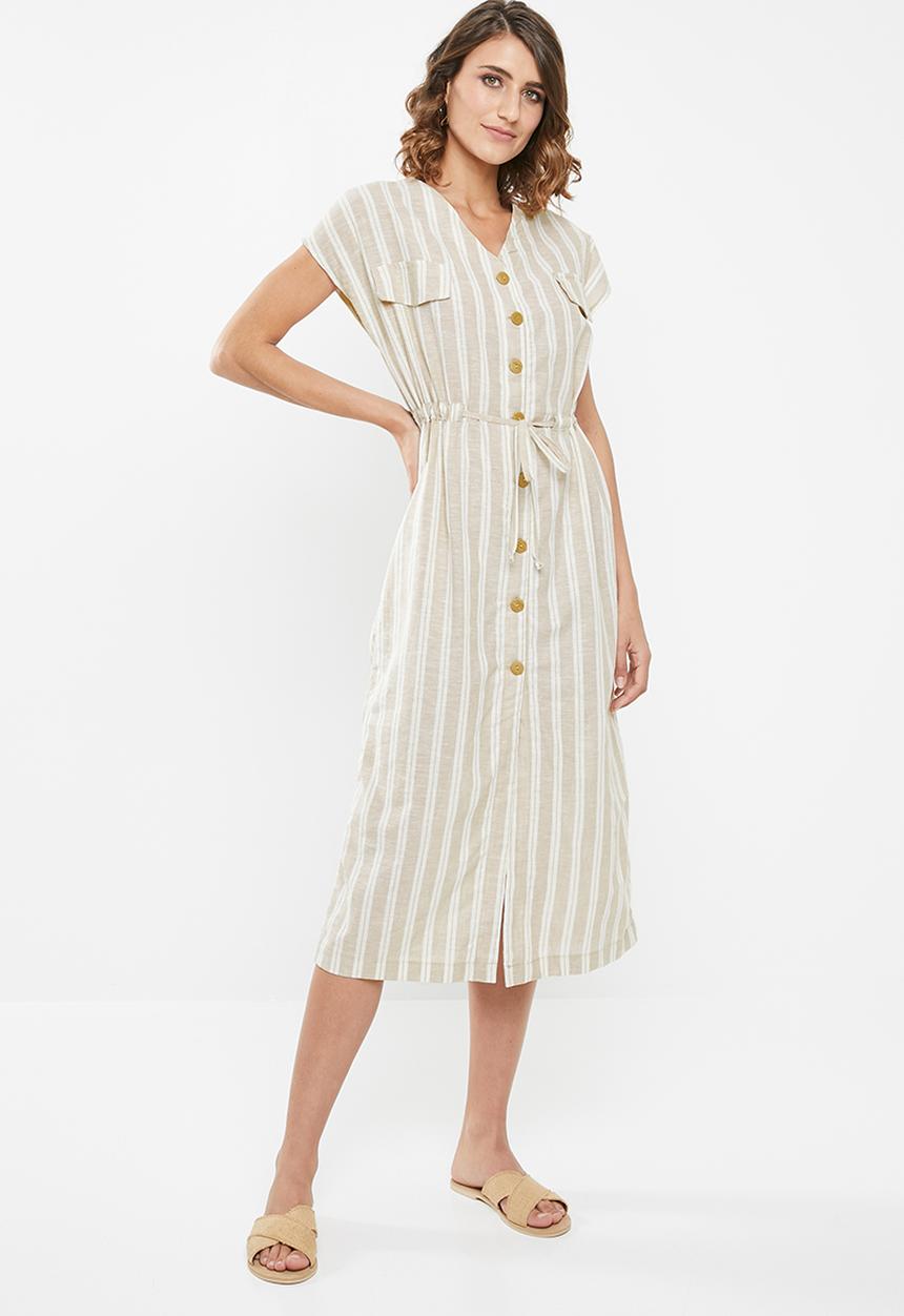 edit - Linen button through dress - beige & white 
