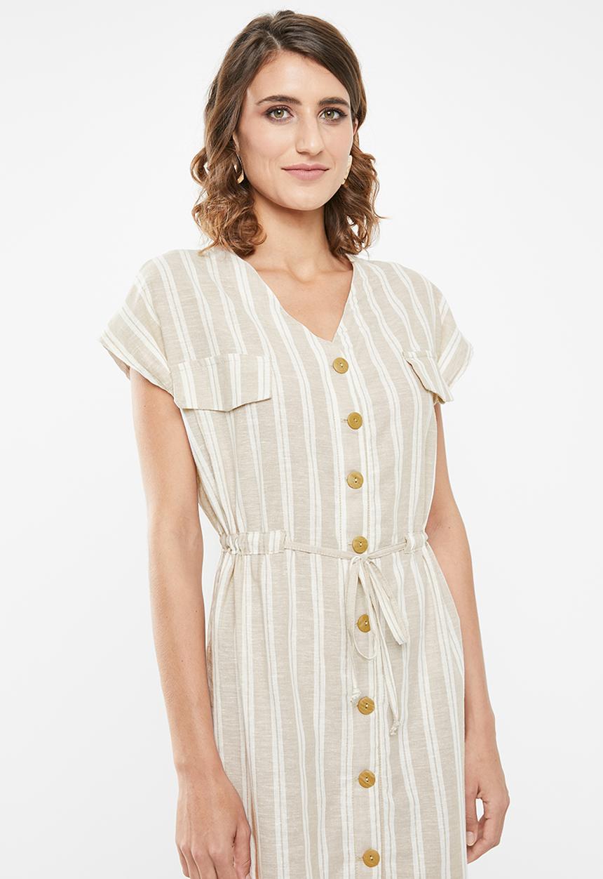 edit - Linen button through dress - beige & white 