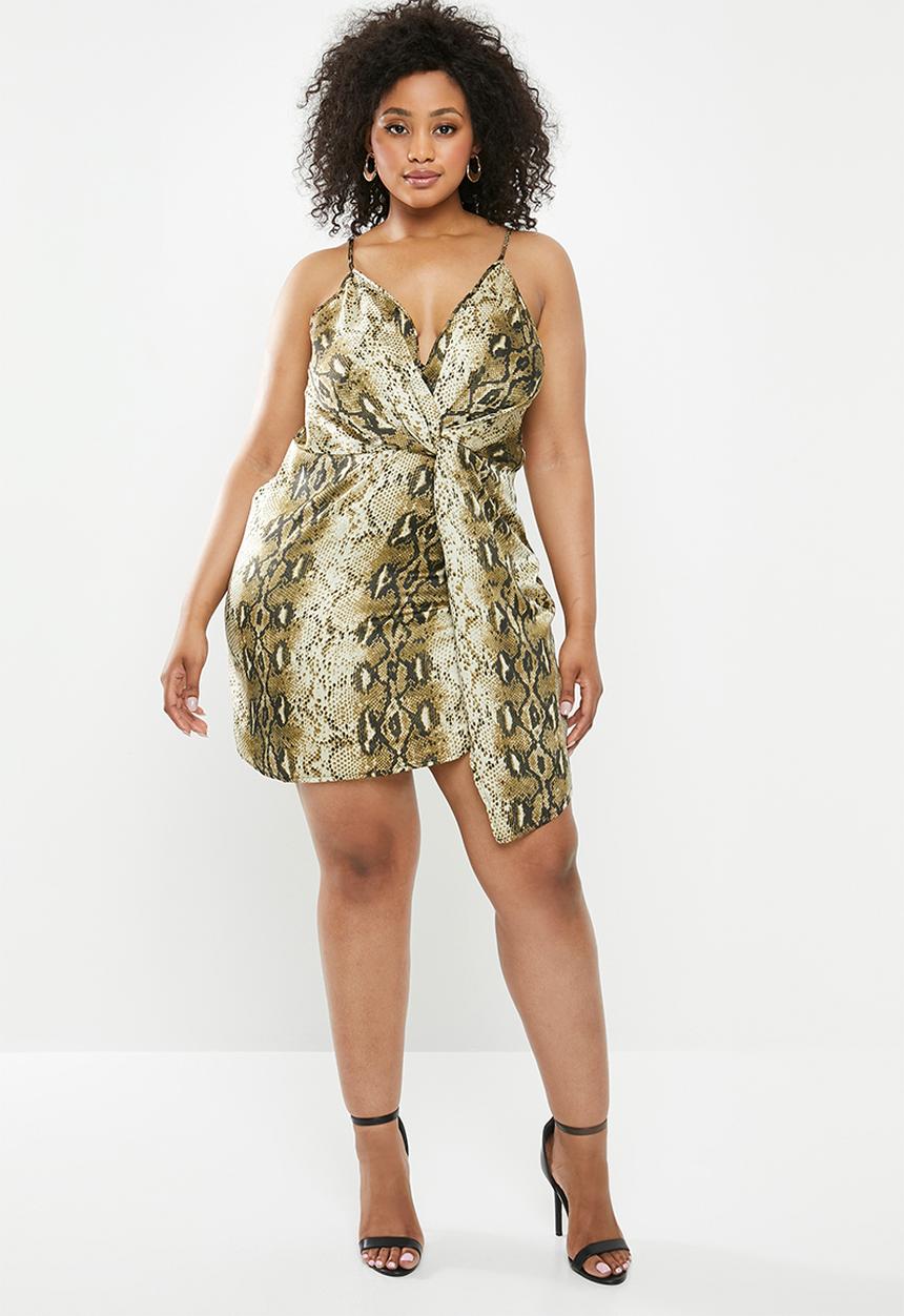 Missguided - Curve twist front snake print cami dress - khaki & neutral 