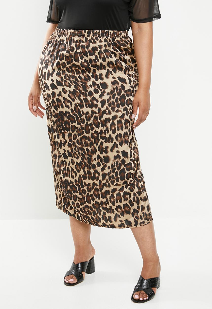 Missguided - Curve satin leopard print slip skirt - brown & beige 
