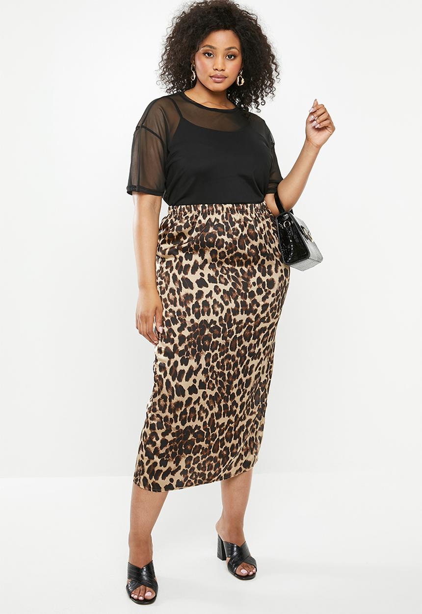 Missguided - Curve satin leopard print slip skirt - brown & beige 