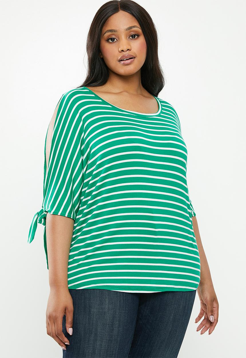 edit Plus - T-shirt with tie sleeve - green & white