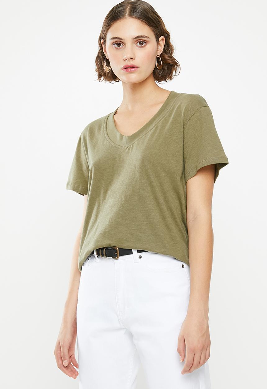 Superbalist - Slouchy slub v-neck tee - khaki
