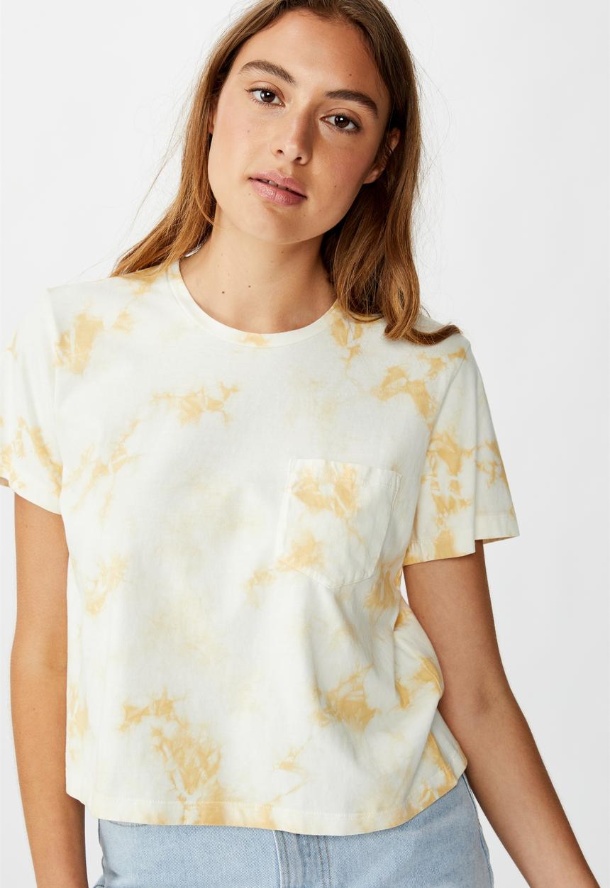 Cotton On - Chopped pockets tie dye T-shirt - cream & yellow 