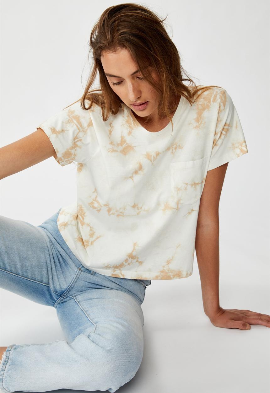 Cotton On - Chopped pockets tie dye T-shirt - cream & brown 