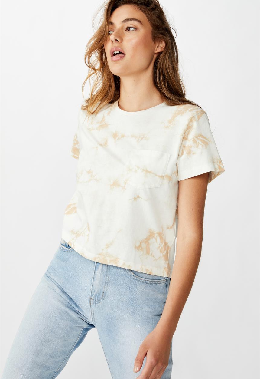 Cotton On - Chopped pockets tie dye T-shirt - cream & brown 