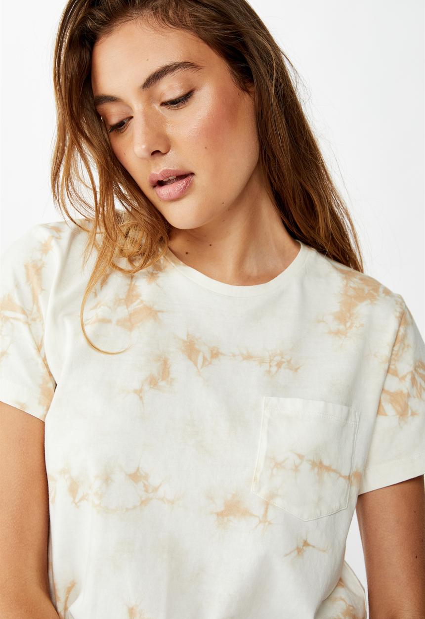 Cotton On - Chopped pockets tie dye T-shirt - cream & brown 