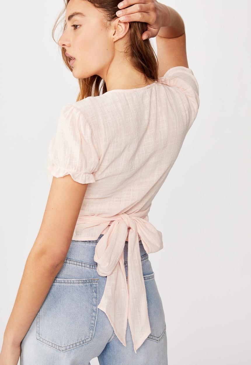 Cotton On - Prairie short sleeve wrap blouse - pink