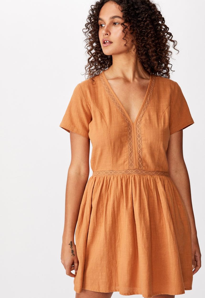 Cotton On - Woven harlow short sleeve mini dress - orange