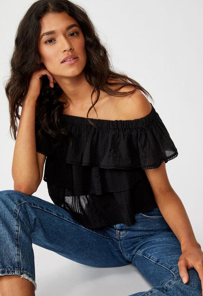 Cotton On - Sunshine frill off the shoulder top - black