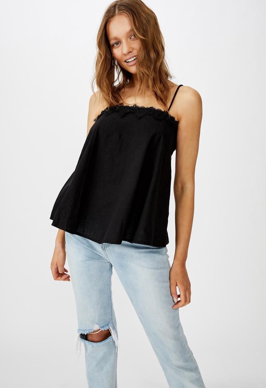 Cotton On - Wide heart lace trim cami - black