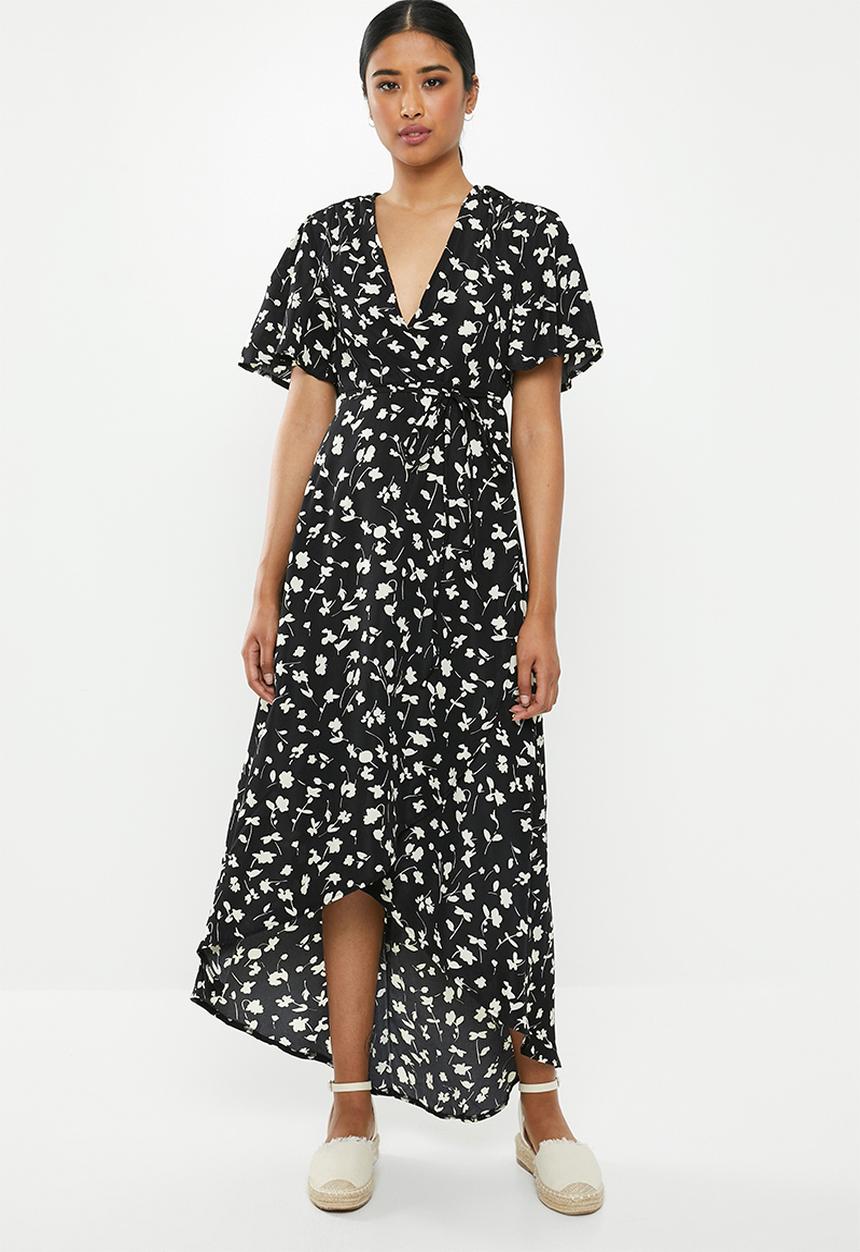 Missguided - High low wrap midi dress floral - black