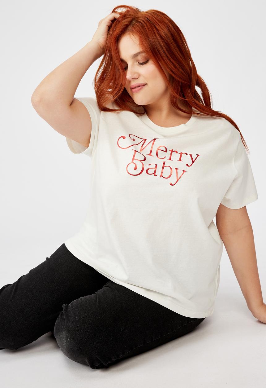 Cotton On - Curve graphic tee merry baby - cream 