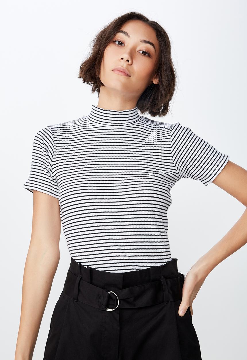 Factorie - Stripe short sleeve rib funnel Frankie stripe - white & black 