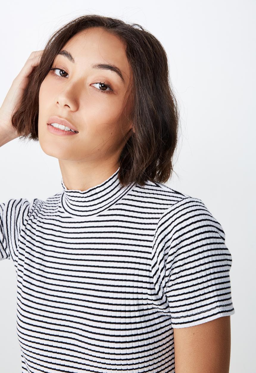 Factorie - Stripe short sleeve rib funnel Frankie stripe - white & black 
