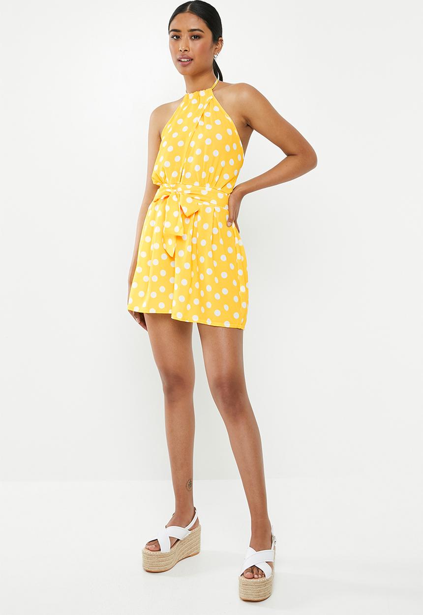 Missguided - Polka dot high neck playsuit - yellow & white 