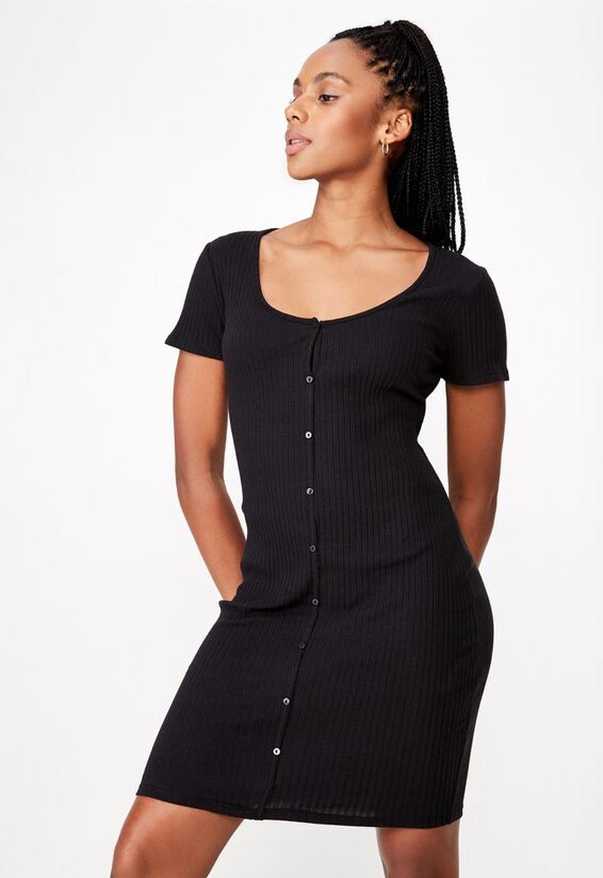 Factorie - Button thru short sleeve rib dress - black